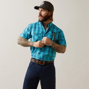 Bachelor Button Plaid Ariat Rebar Made Tough Durastretch Work Shirt | 04AHVOSXN