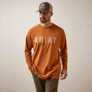 Carmel Cafe Ariat Rebar Cotton Strong Block T-Shirt | 86FCJWTXR