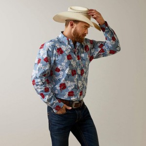 Chambray Blue Ariat Wrinkle Resist Red White And Blue Pareau Western Aloha Stretch Classic Fit Shirt | 19PKTVMXL