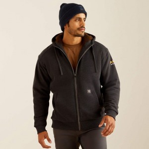 Charcoal Heather Ariat Rebar All-Weather Sherpa-Lined Full Zip Hoodie | 39TEVQURI