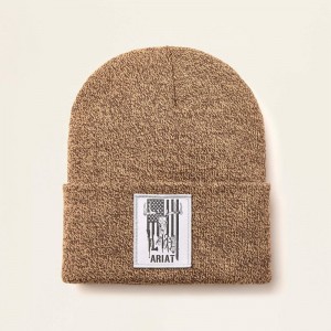 Dark Brown/Sandstone Ariat American Outdoors Patch Beanie | 54AXPORKY