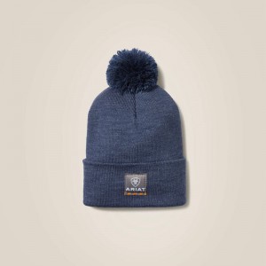 Denim Heather Ariat Rebar Pom Beanie | 02KJAXHVN