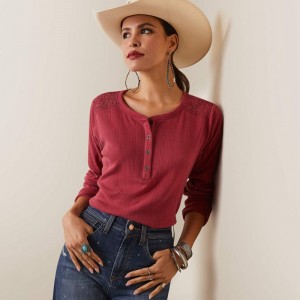 Earth Red Ariat Pointelle Henley Top | 86ASFVOLQ