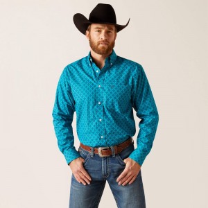 Enamel Blue Ariat Wrinkle Free Gael Fitted Shirt | 82ITUGZXF