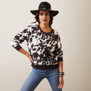 Holstein Cow Print Ariat Real Hide Crew Sweatshirt | 56UYZLCRB