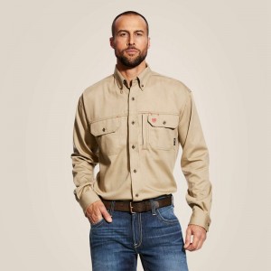 Khaki Ariat Fr Solid Vent Work Shirt | 45SHLYMTQ