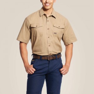 Khaki Ariat Rebar Made Tough Durastretch Work Shirt | 83PGIBOJF