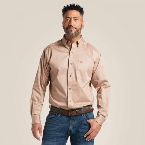 Khaki Ariat Solid Twill Classic Fit Shirt | 47WZJKAXM