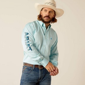 Light Aqua Ariat Team Logo Twill Fitted Shirt | 63QCLRYTG