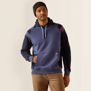 Navy/Blue Indigo Ariat Rebar Workman Colorblock Logo Hoodie | 46QWHRKFB