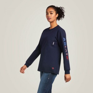 Navy/Usa Ariat Fr Stretch Logo T-Shirt | 24JWMLYUD