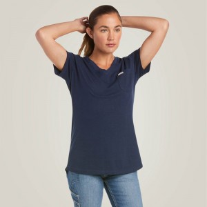 Navy Ariat Rebar Cotton Strong V-Neck T-Shirt | 37WEBVFYU