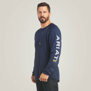 Navy Ariat Rebar Heat Fighter T-Shirt | 71NPWXZBU