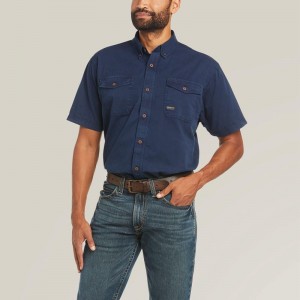 Navy Ariat Rebar Washed Twill Work Shirt | 08RMUTQCG