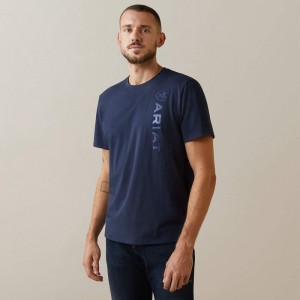 Navy Ariat Vertical Logo T-Shirt | 06ZSKTHQN