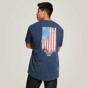 Navy Heather Ariat Rebar Cotton Strong American Grit Graphic T-Shirt | 37NPDEMYV