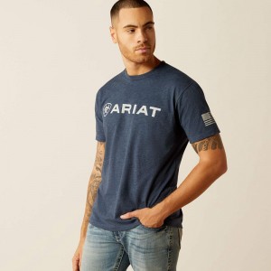 Navy Heather Ariat Shield Flag T-Shirt | 24RLKUNJI