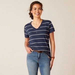 Navy Stripe Ariat Fairford T-Shirt | 64AUQOYZV