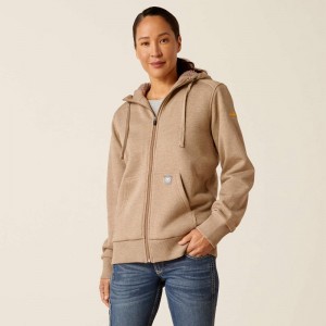 Oatmeal Heather Ariat Rebar All-Weather Sherpa Full Zip Hoodie | 61HWEBROS