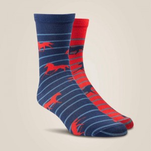 Red/Navy Ariat Horses Over Stripes Crew Sock 2 Pair Multi Color Pack | 07PWCJSTB