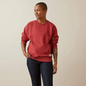 Red Dahlia Heather Ariat Rebar Workman Washed Fleece Sweatshirt | 61YLWIVPH