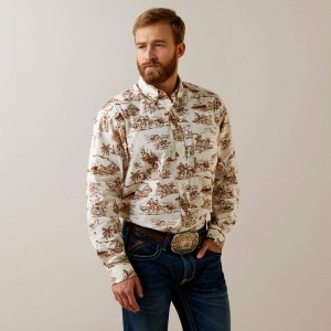 Sand Ariat Wrinkle Resist Paniolo Western Aloha Stretch Classic Fit Shirt | 39IALJUXG