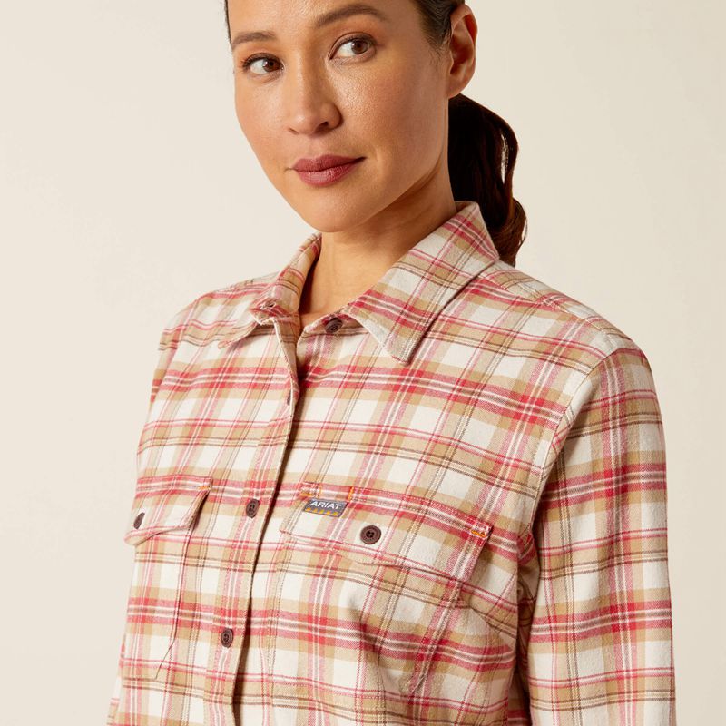 Almond Milk Ariat Rebar Flannel Durastretch Work Shirt | 16GLAMWSV