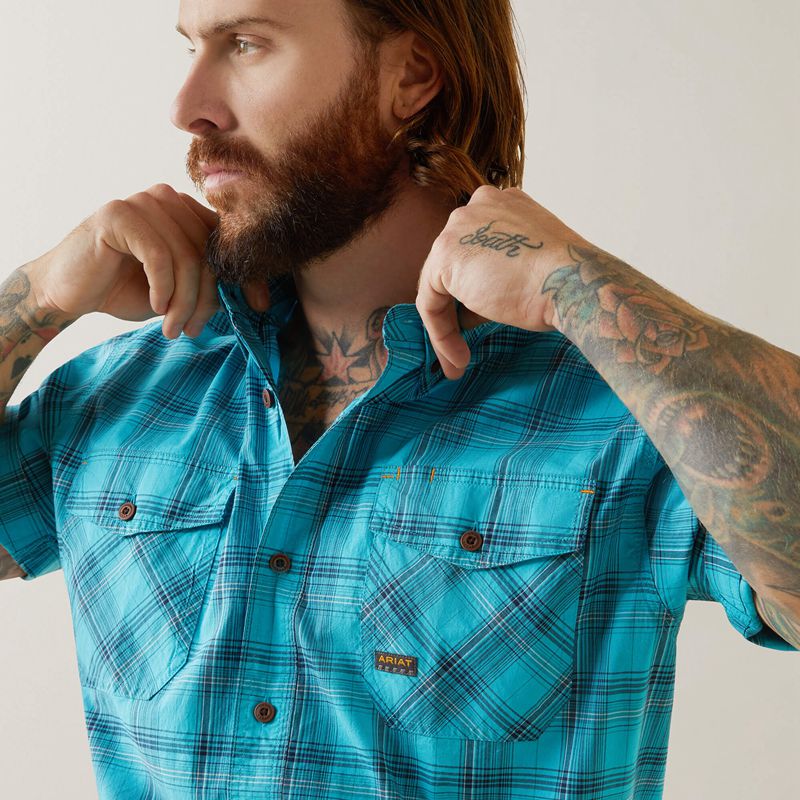 Bachelor Button Plaid Ariat Rebar Made Tough Durastretch Work Shirt | 04AHVOSXN