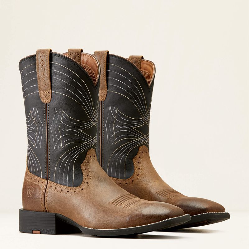 Barley Brown/Matte Black Ariat Sport Wide Square Toe Cowboy Boot | 54ABTZNKF