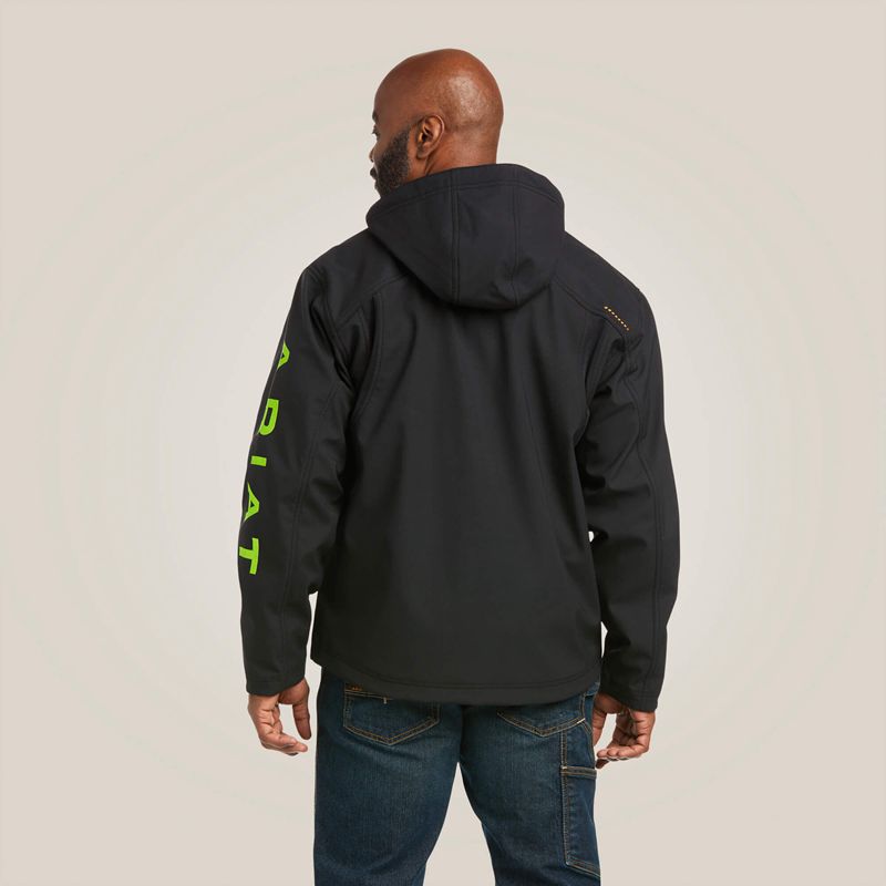 Black/Lime Ariat Rebar Stretch Canvas Softshell Hooded Logo Jacket | 03GJQDRUA