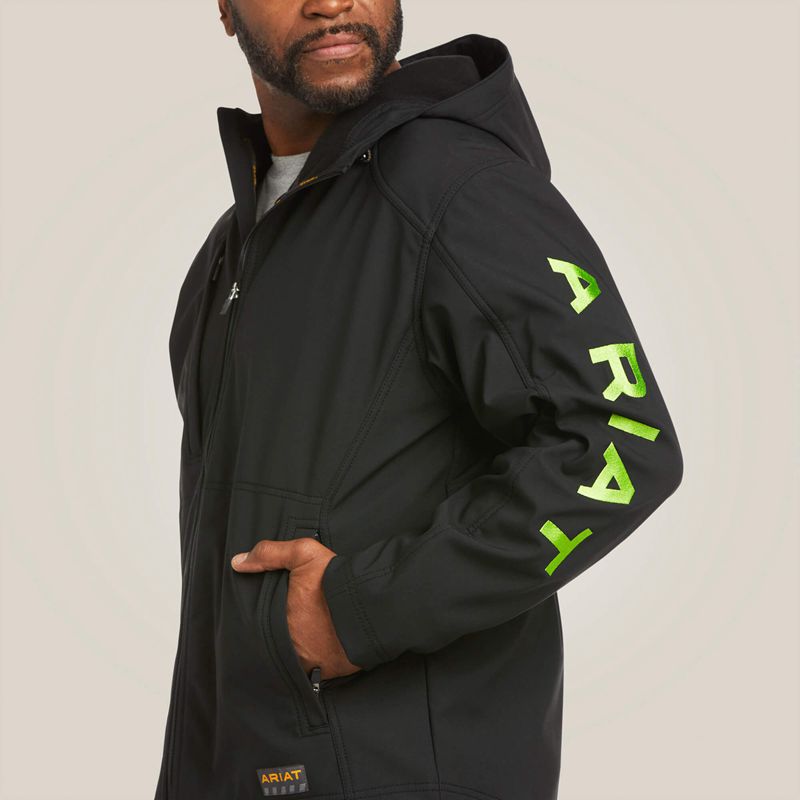 Black/Lime Ariat Rebar Stretch Canvas Softshell Hooded Logo Jacket | 03GJQDRUA