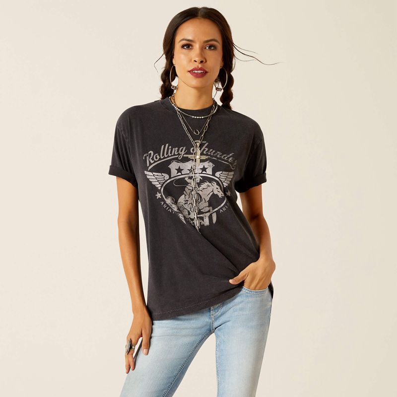 Black Acid Wash Ariat Rolling Thunder T-Shirt | 31ZXSEACJ