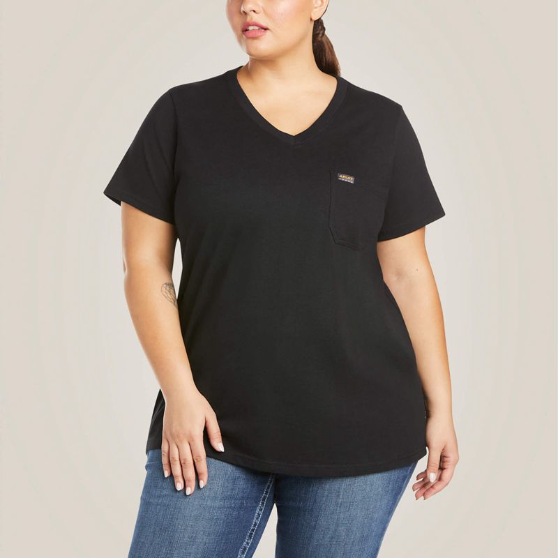 Black Ariat Rebar Cotton Strong V-Neck T-Shirt | 01YWISKBJ