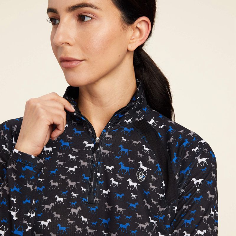 Black Busy Pony Print Ariat Sunstopper 2.0 1/4 Zip Baselayer | 74RESKVYA