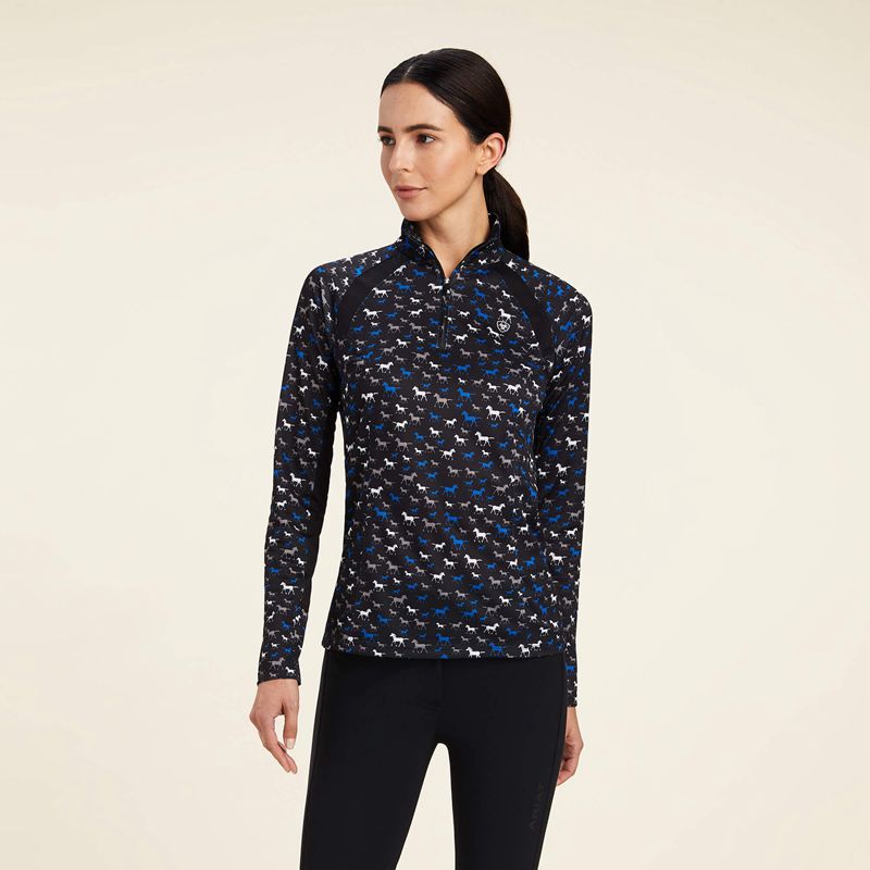 Black Busy Pony Print Ariat Sunstopper 2.0 1/4 Zip Baselayer | 74RESKVYA