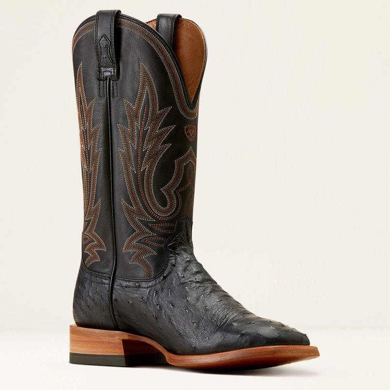 Black Full Quill Ostrich/Ancient Black Ariat Showboat Cowboy Boot | 83SIBYMEC