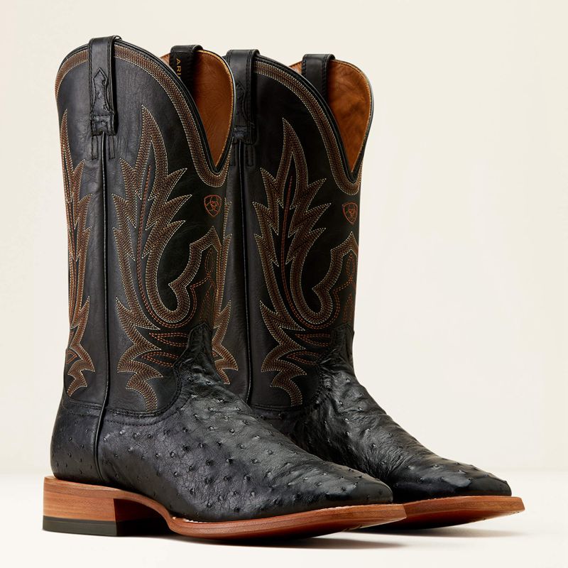 Black Full Quill Ostrich/Ancient Black Ariat Showboat Cowboy Boot | 83SIBYMEC