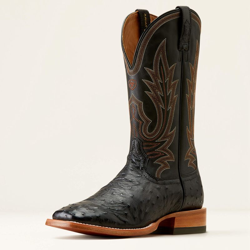 Black Full Quill Ostrich/Ancient Black Ariat Showboat Cowboy Boot | 83SIBYMEC