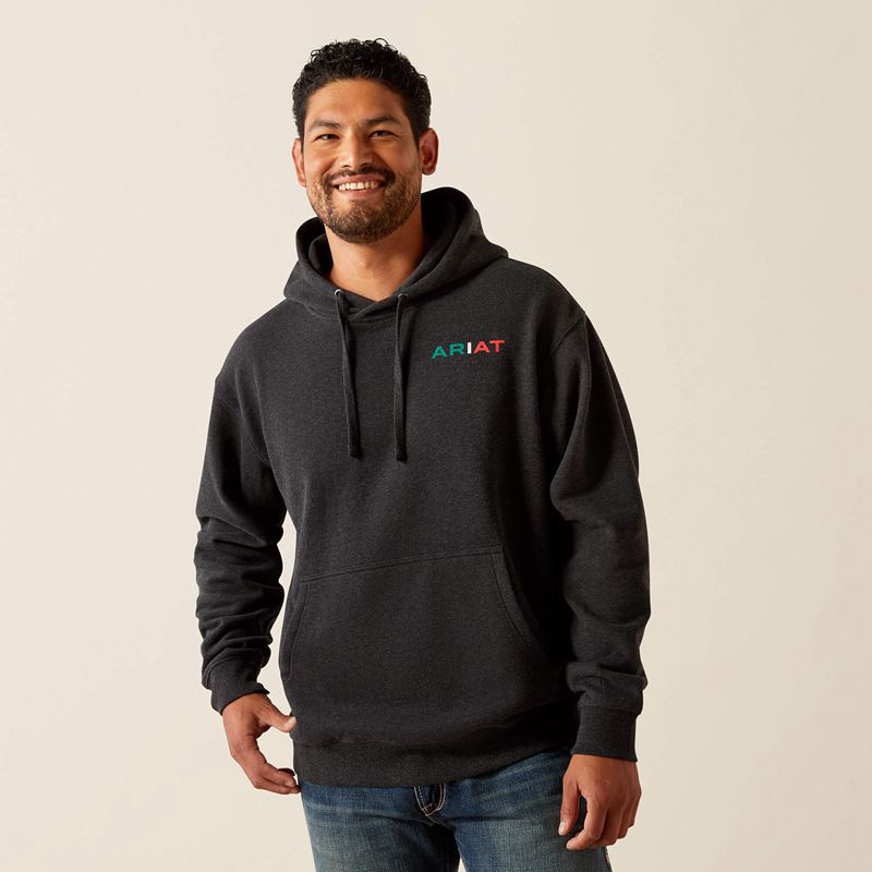 Black Heather Ariat Mexico Flag Lockup Hoodie | 97TJIFQPC