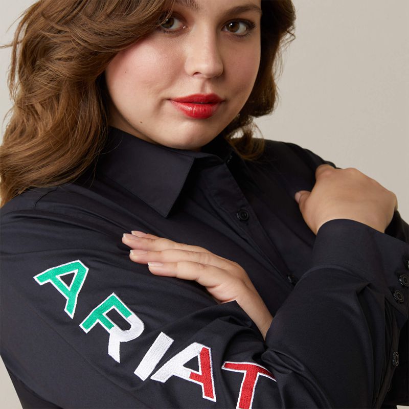 Black W/ Mexico Flag Emb Ariat Team Kirby Stretch Shirt | 48HWTQKSN