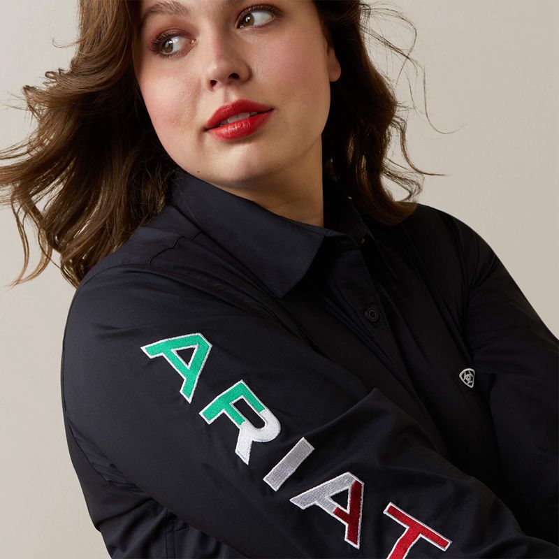 Black W/ Mexico Flag Emb Ariat Team Kirby Stretch Shirt | 48HWTQKSN