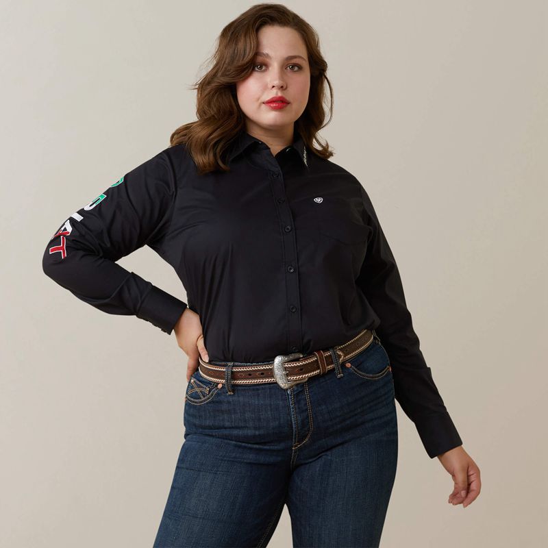 Black W/ Mexico Flag Emb Ariat Team Kirby Stretch Shirt | 48HWTQKSN