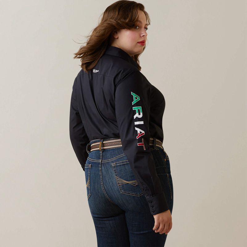 Black W/ Mexico Flag Emb Ariat Team Kirby Stretch Shirt | 48HWTQKSN