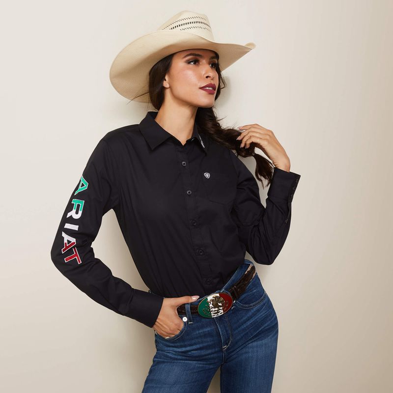 Black W/ Mexico Flag Emb Ariat Team Kirby Stretch Shirt | 48HWTQKSN