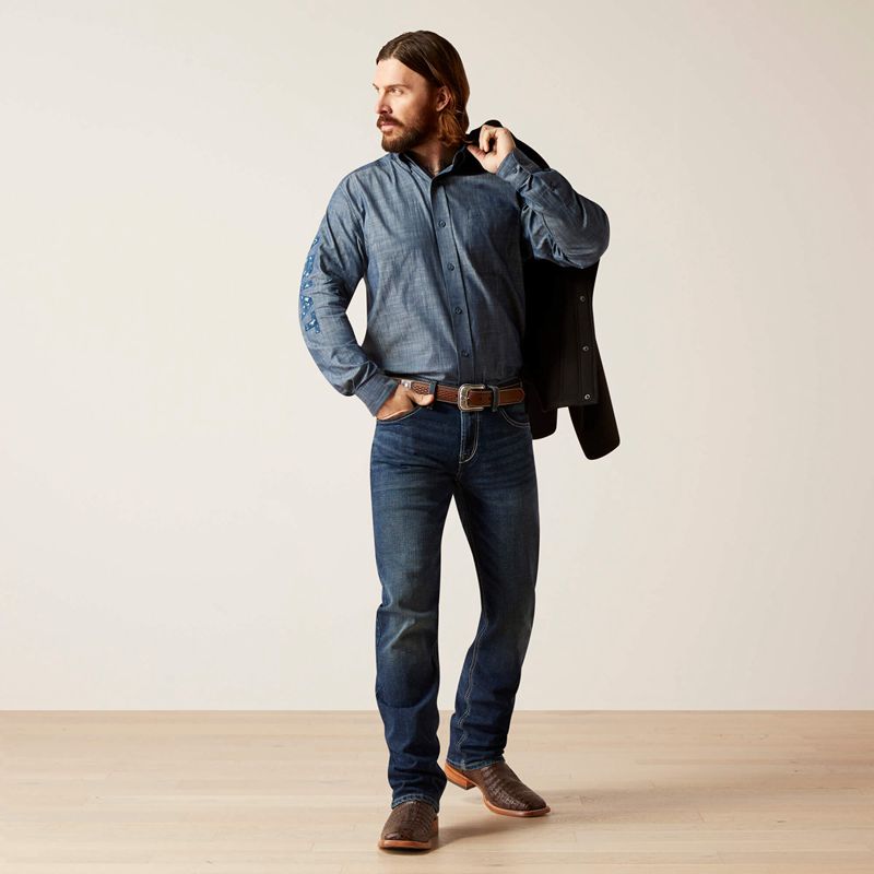 Blue Chambray Ariat Team Logo Chambray Classic Fit Shirt | 86ZCBMFKR