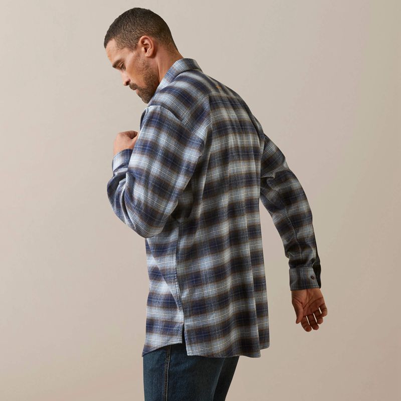 Blue Khaki Plaid Ariat Rebar Flannel Durastretch Work Shirt | 76IDMOKPY