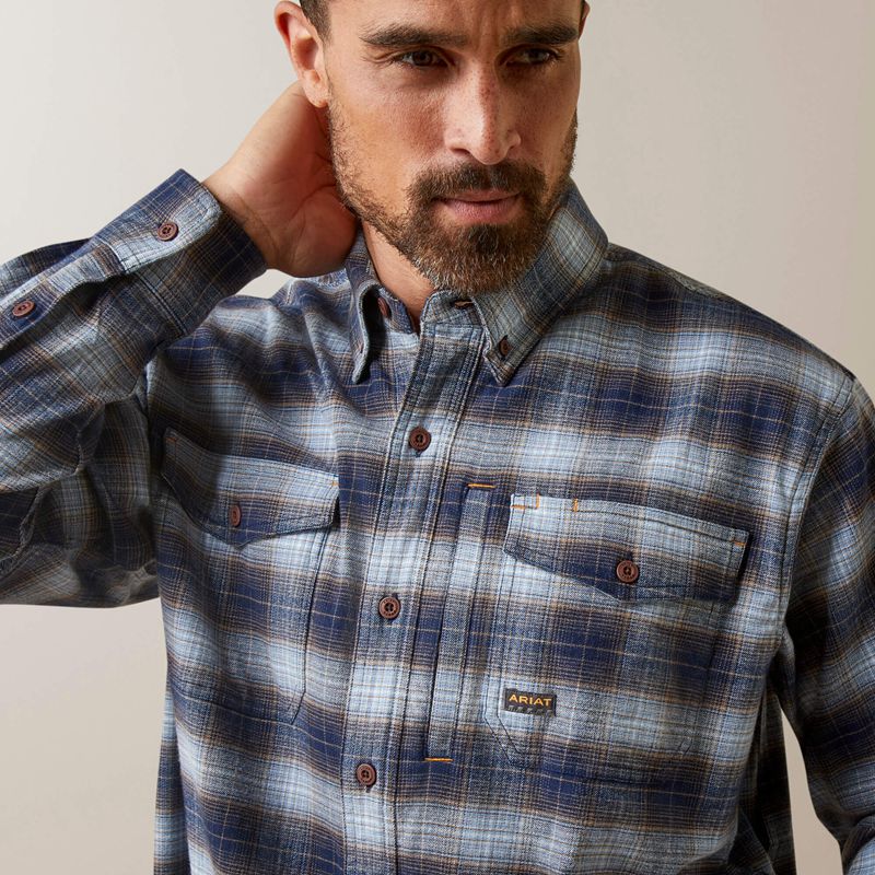 Blue Khaki Plaid Ariat Rebar Flannel Durastretch Work Shirt | 76IDMOKPY