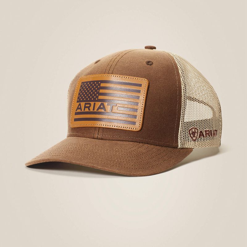 Brown Ariat Flag Patch Mesh Snap Back Cap | 09UGKRPJM