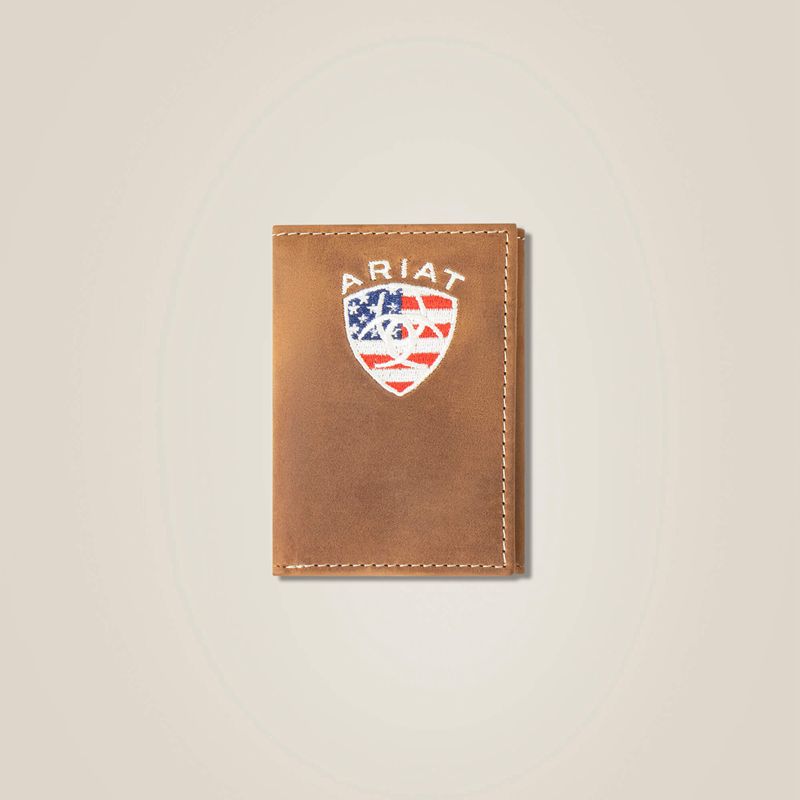 Brown Ariat Flag Shield Trifold Wallet | 90BYADGWX