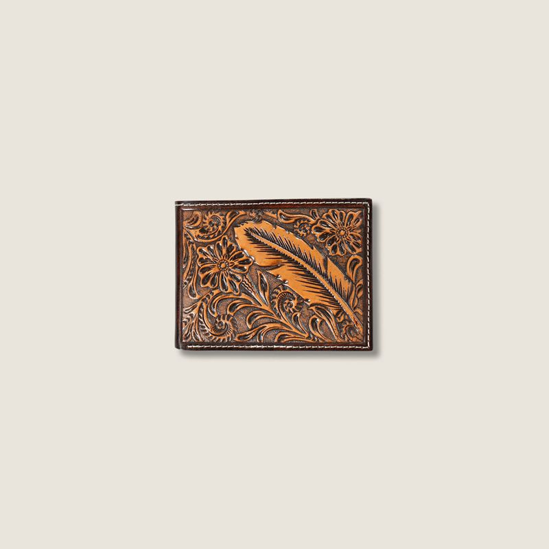 Brown Ariat Tooled Feather Bifold Wallet | 06MQPWHST